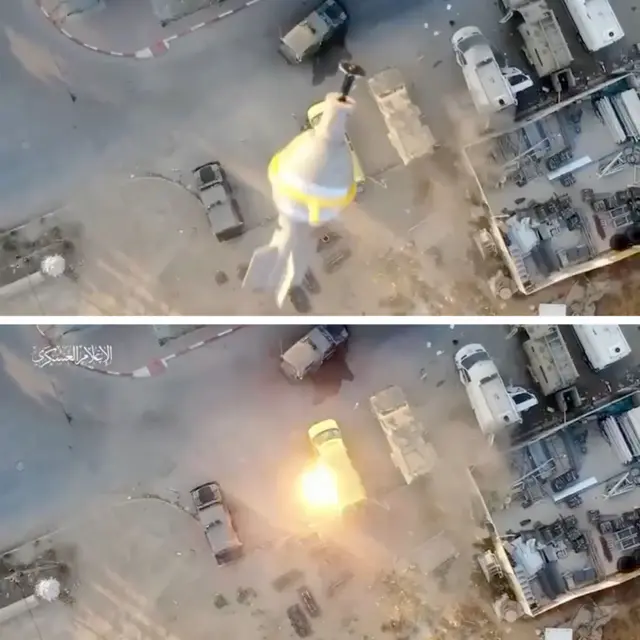 Duas imagens aéreas de um ataque de drone do Hamas contra veículos dentro da base. Na de cima, pode-se ver o artefato explosivo caindo no ar. Na parte inferior, é o início do momento do impacto em um veículo.