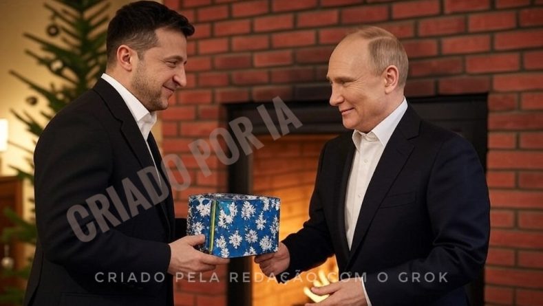 Grok criação de memes com famosos. Putin recebe presente de natal de Zelenky